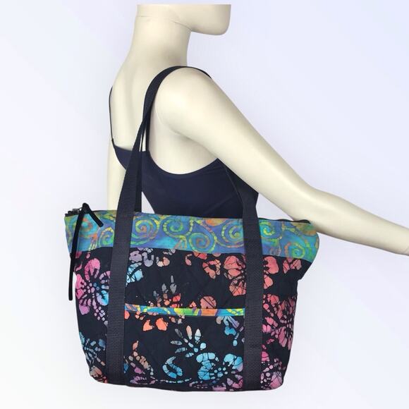 Handcrafted Artisan Tote Boho Bag Black Pink Blue Batik Floral Hippie Purse - Picture 5 of 6